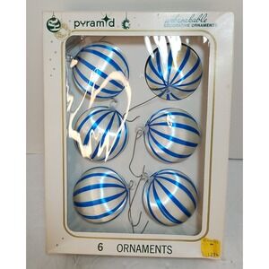 Vintage Pyramid Unbreakable Ornaments Blue Stripe Christmas Tree Ball Bauble 6pk